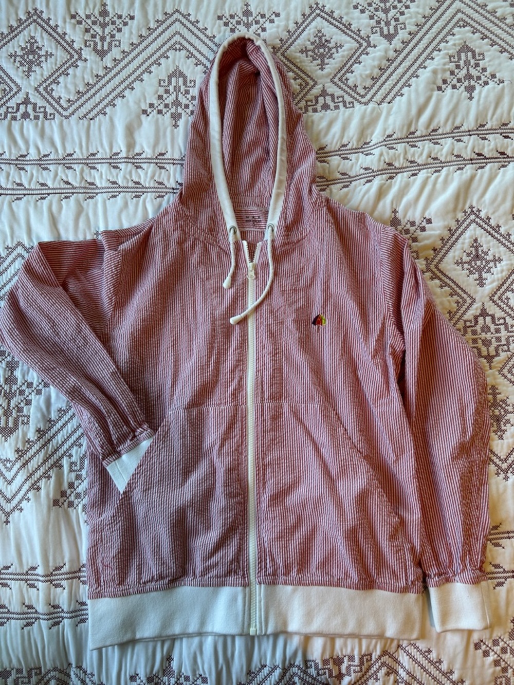 Striped Pink Seersucker Hooded Zip-Up Jacket with White Trim